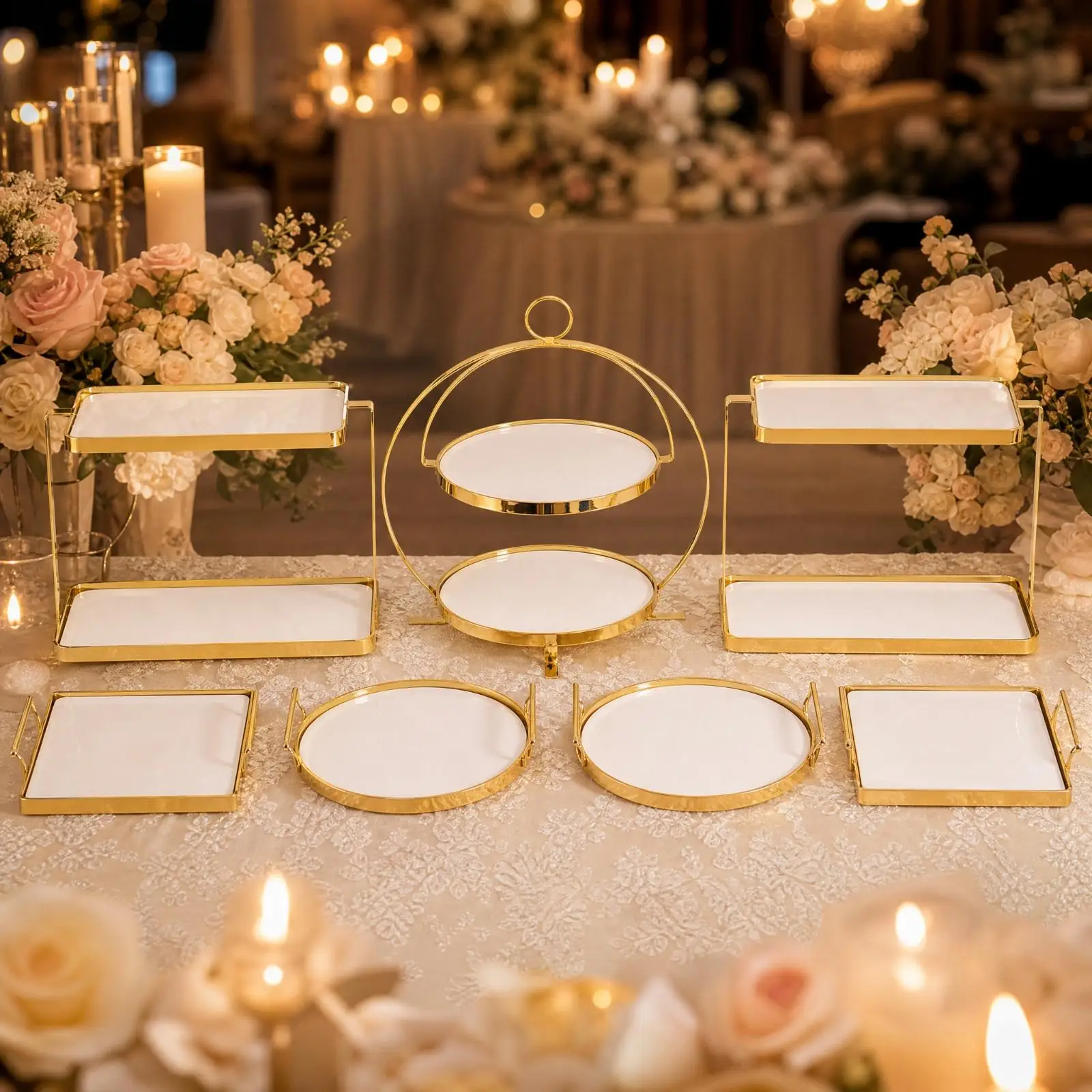 Gold Ceramic Cake Display Stand with Metal Base for Afternoon Tea Party Buffet Dessert Serving