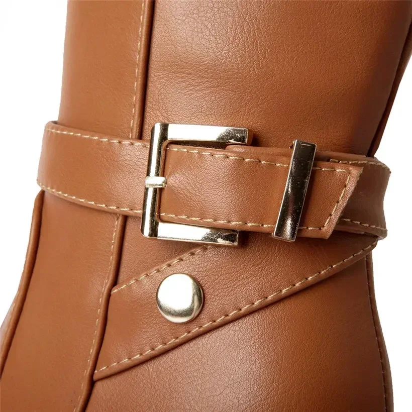 Winter Plush Knee High Boots for Women Black Brown Quality PU Block Heels Office Party Dress Lady Punk Buckle Zipper Long Boots