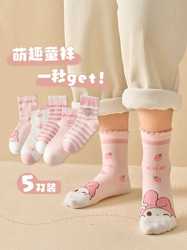 

5 Pairs Sanrio Kids Socks My Melody Kawaii New Fall Winter Cartoon Girl Children Mid-calf Socks Cotton Sock for Girls Gifts