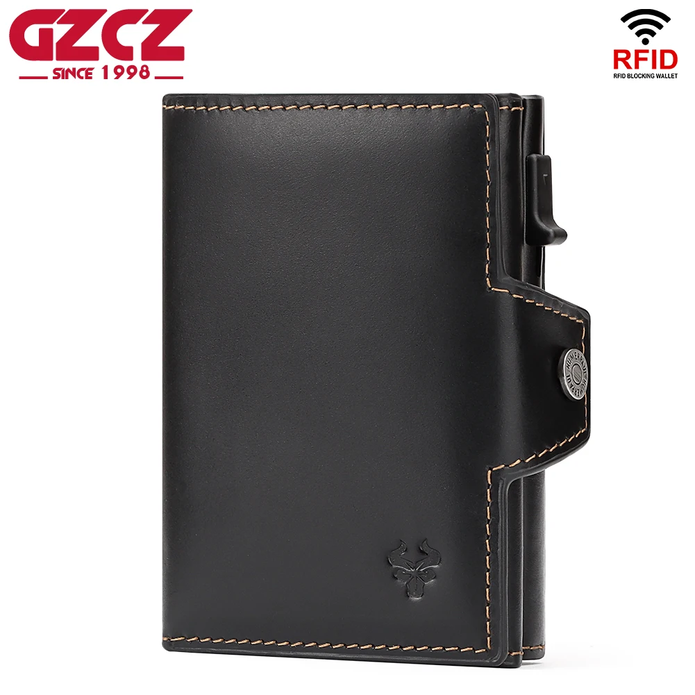 Crazy Horse Leather Credit Card Holder Wallet RFID Automatic Pop Up Bank Card Case with Zip Coin Pocket Unisex Porte Carte