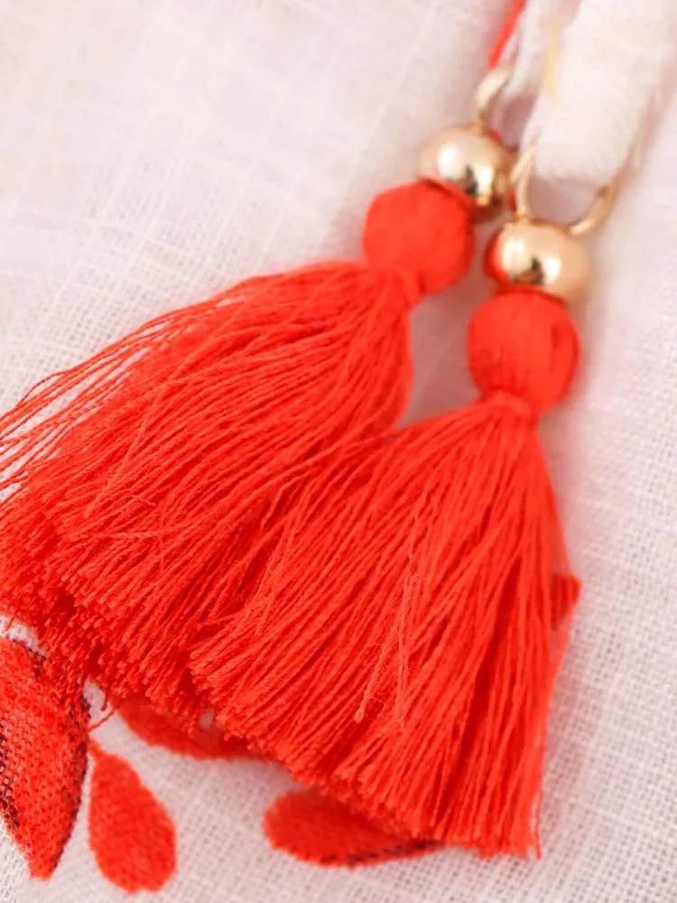 2025 Women Summer Mini Dress Vintage Print Loose V-Neck Tassel Long Sleeve Female Elegant Street Dresses Clothing