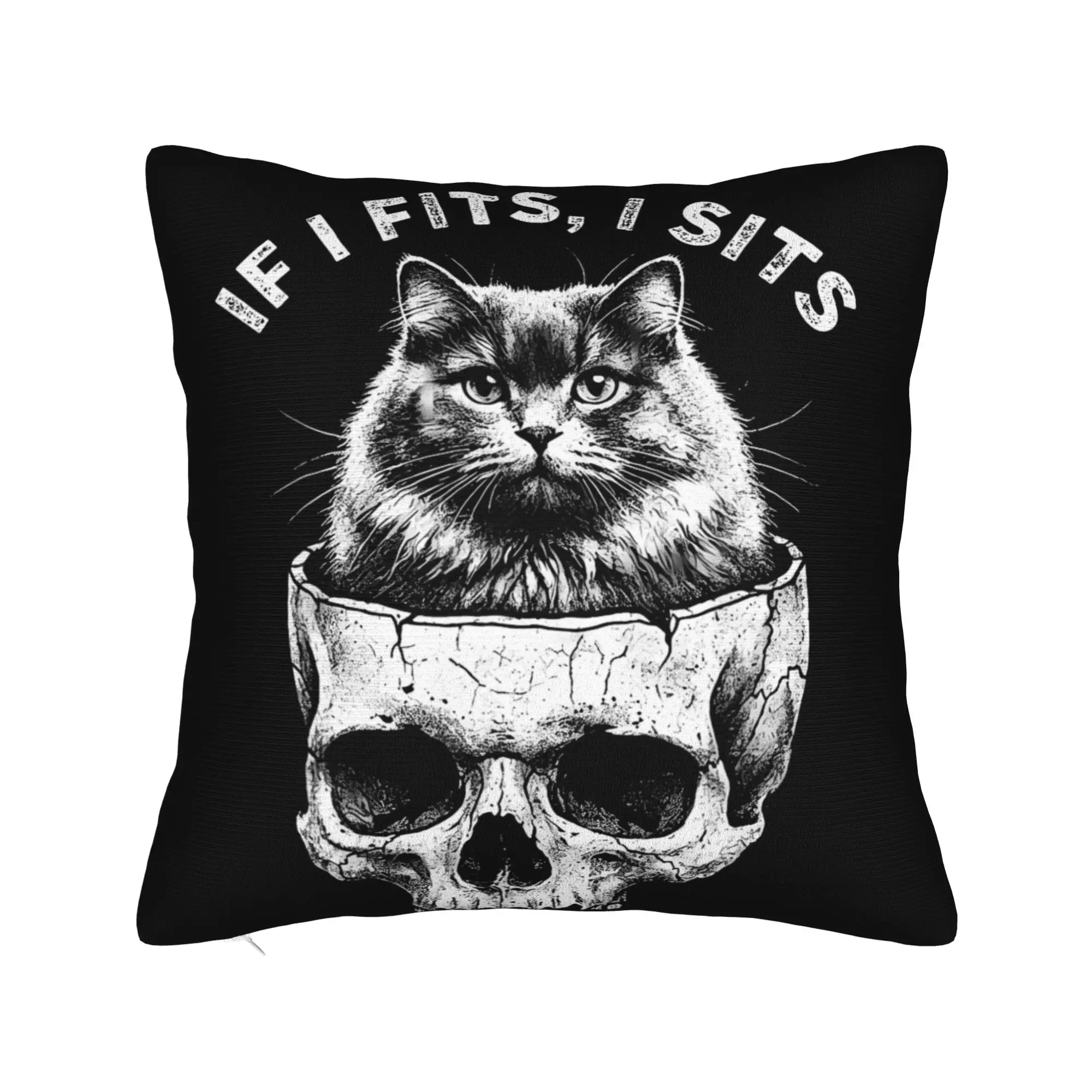 If I Fits I Sits Black Cat Skull Gothic Dark Humor Pillow Cover  Soft Cushion Cover Novelty Pillow Case For Sofa Car Home Decor