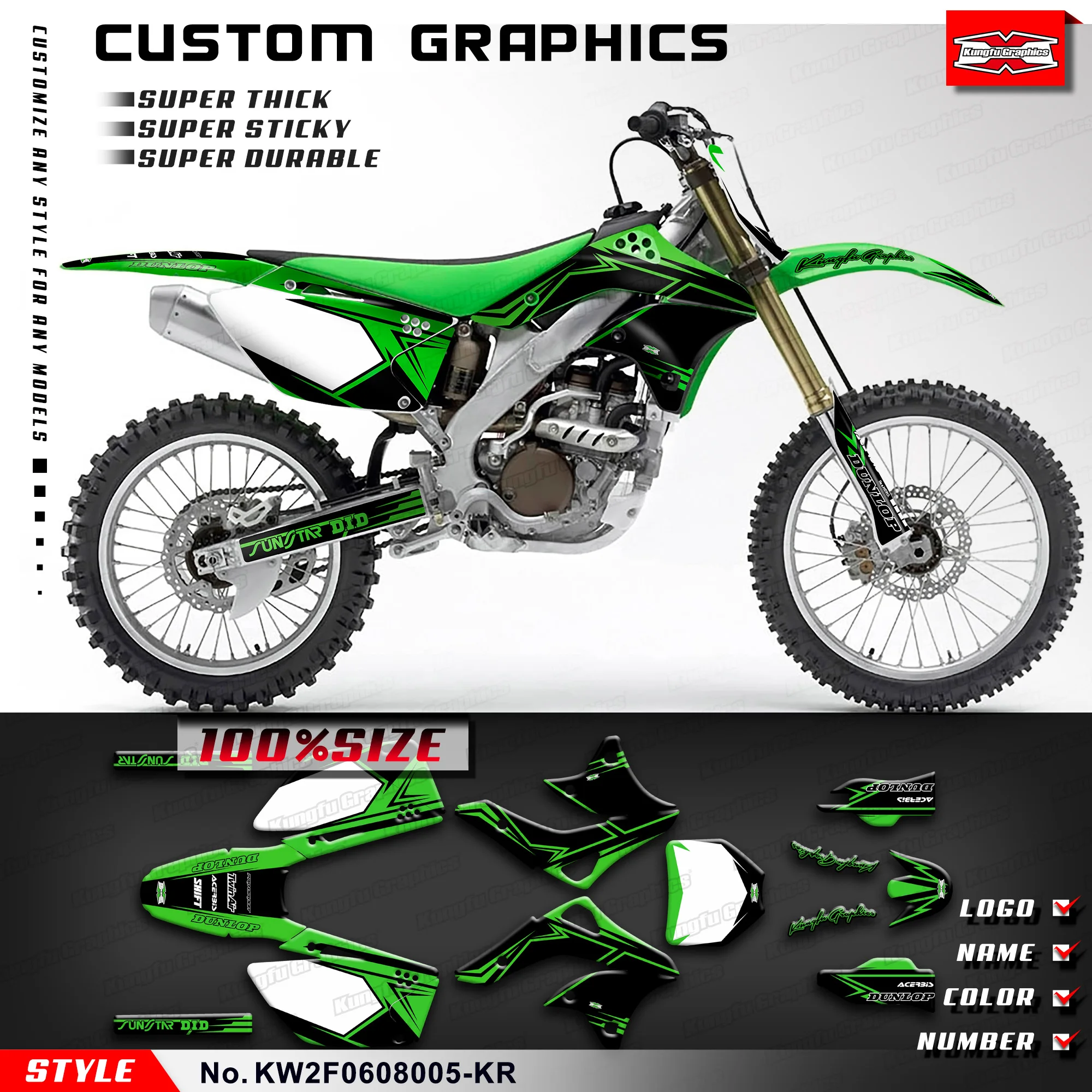 

KUNGFU GRAPHICS Racing Graphics Durable Vinyl for Kawasaki KX250F KX 250F KXF250 2006 2007 2008, KW2F0608005-KR