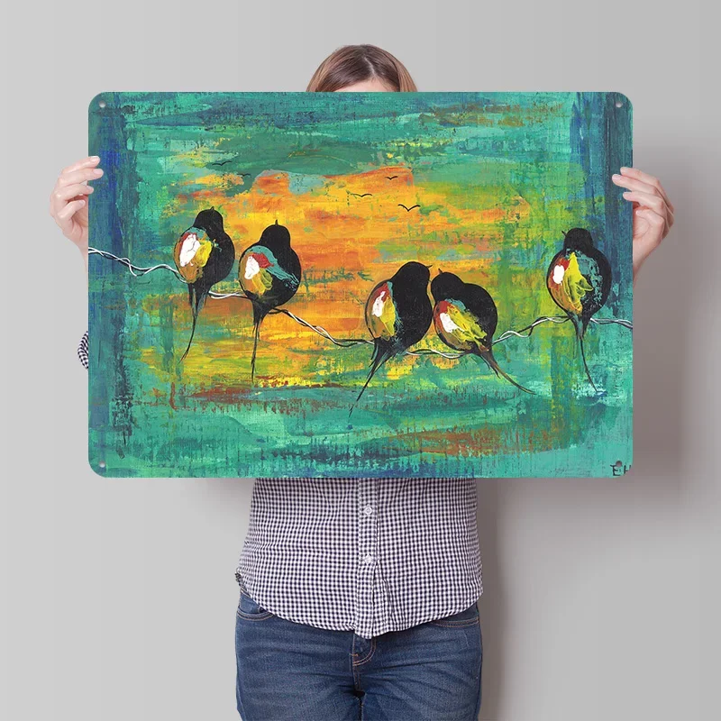 Birds on a Line 3D Printed Texture Poster Personalized Wall Art Retro Metal Tin Signs for Gaming Room Decoration Items House