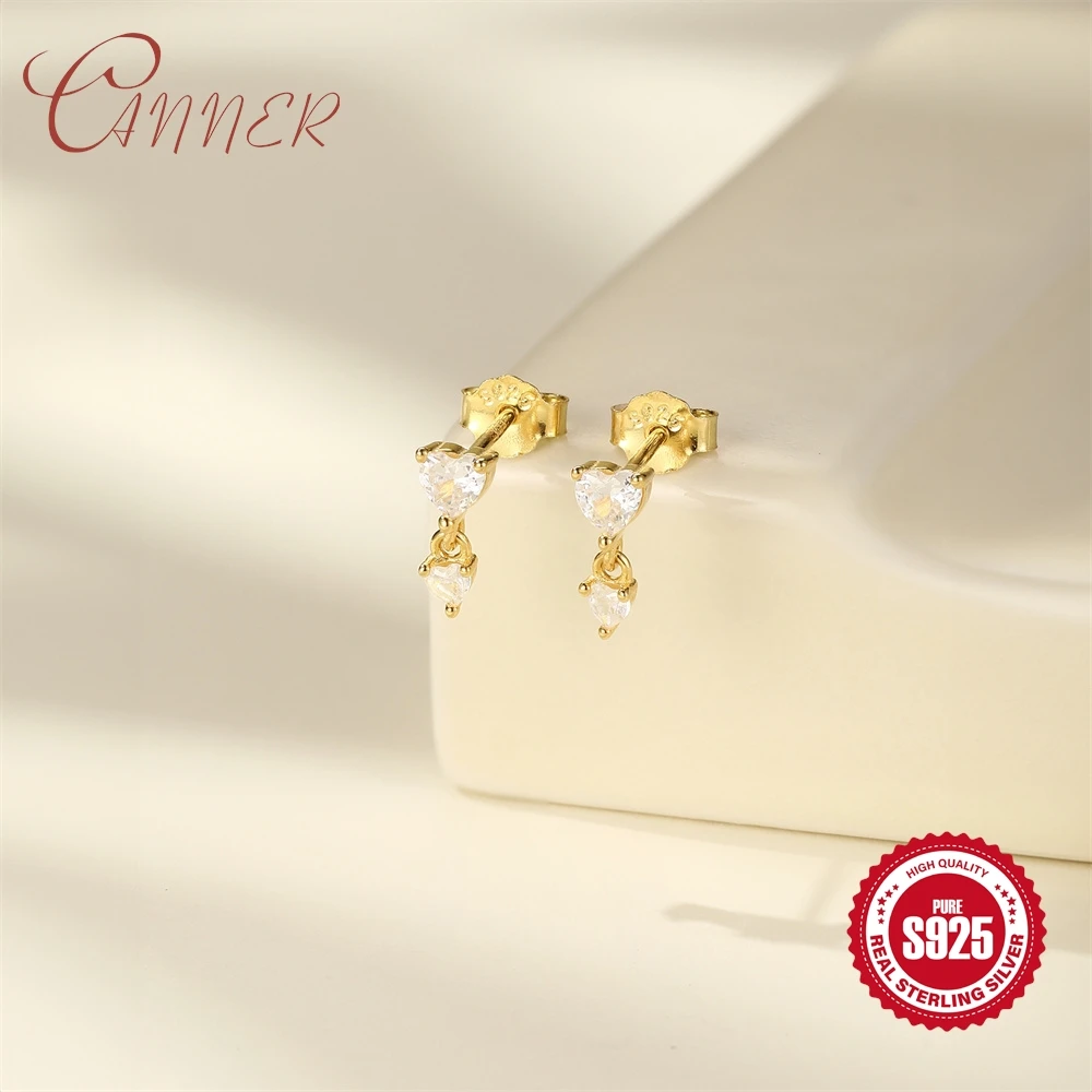 CANNER 925 Sterling Silver CZ Fine Mini Jewelry Double Heart Love Piercing Stud Earring Flat Back Internal Thread For Women Gift