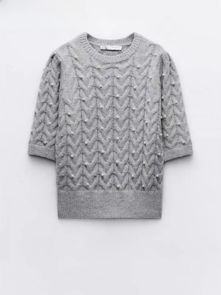 

Sweet Pearl Decorated Short Sleeve Knitted Sweater New Spring 2024 Women's Fashion Street Style Loose Fit round Neck Top