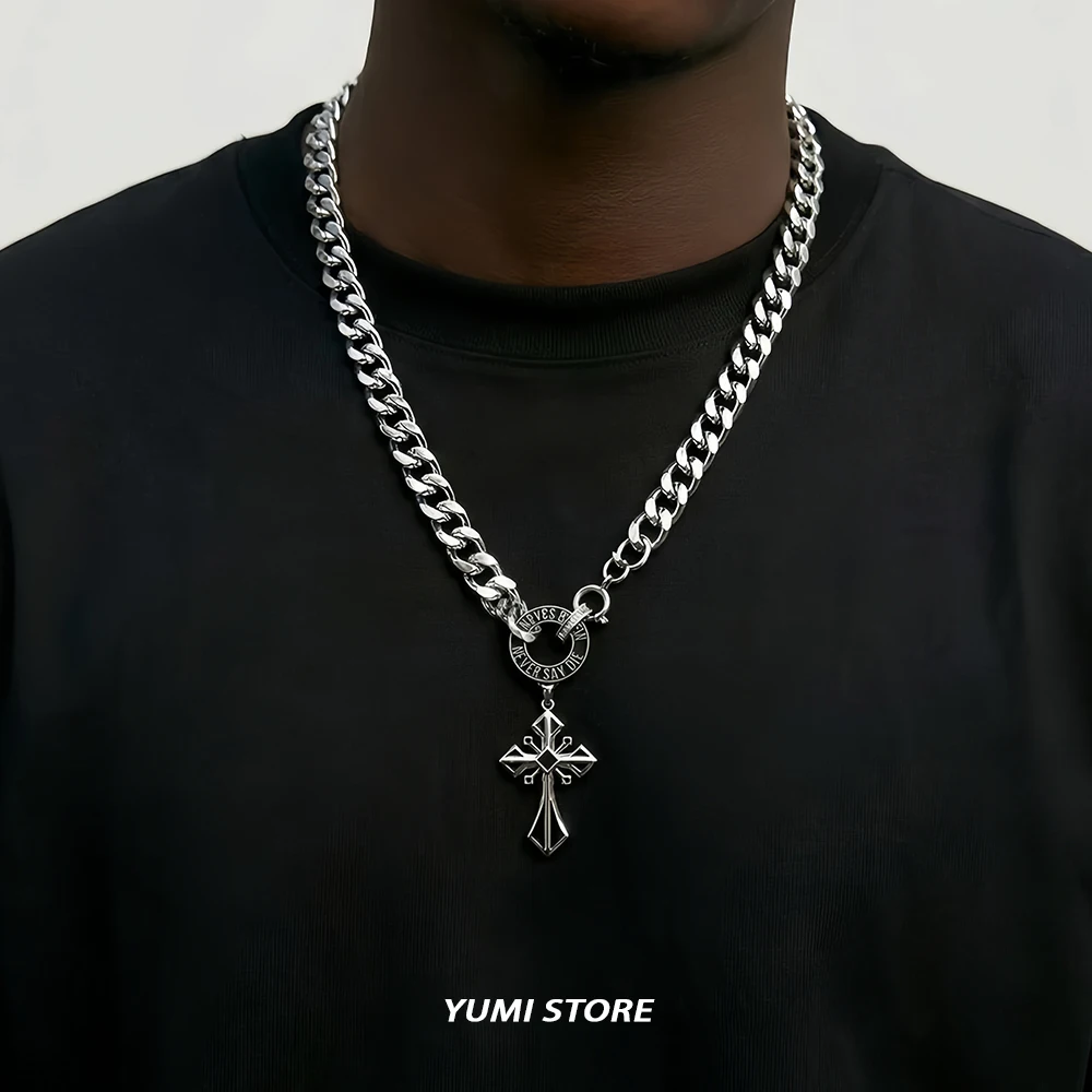 

Retro Circular Cross Pendant Long Necklace For Man Woman Punk Titanium Steel Sweater Chain Not Fading Couple Jewelry HipHop Gift