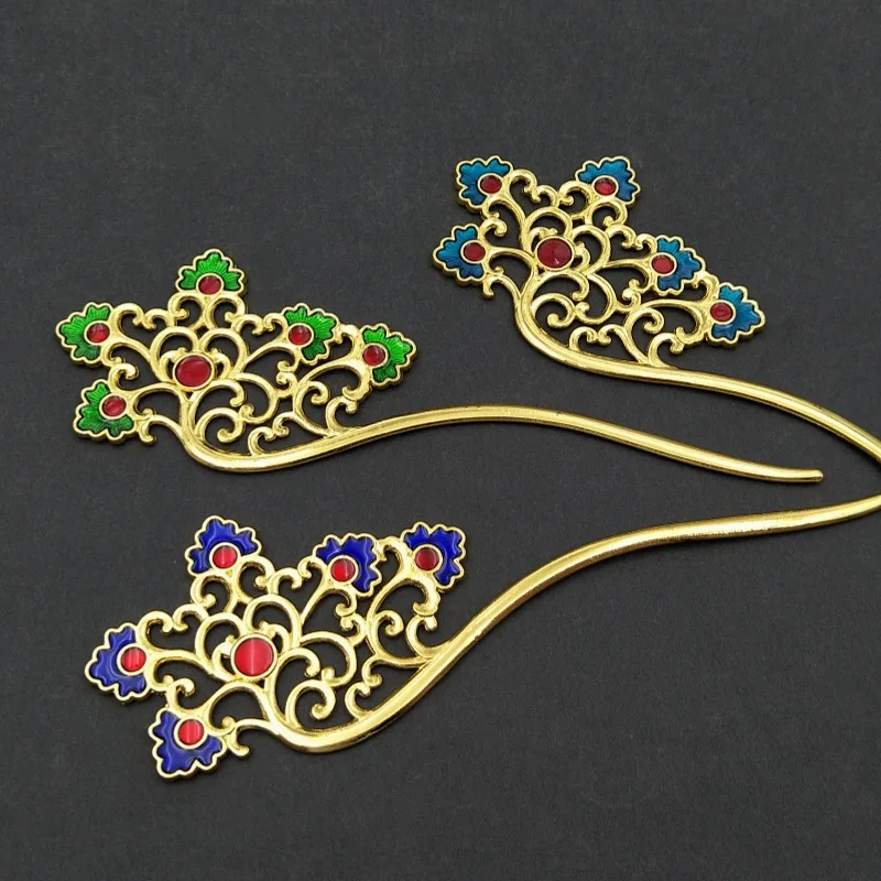 Ancient Cloisonne Enamel Flower Hair Stick for Jewelry Accessories 10pcs Gold Plated Metal Jewelry Embellishments Decoration