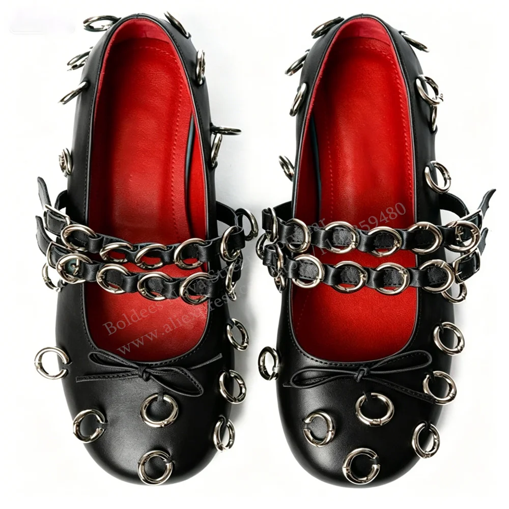 

Red Leather Pierced Ballerina Flat Shoes Women Round Toe Slip On Solid Color Casual Comfort Trendy Buckle Strap Single Shoes