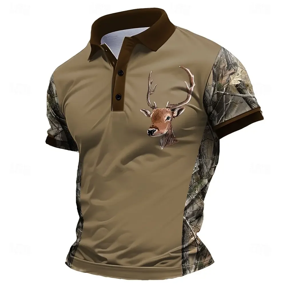 Fall Retro 3D Mulu Deer Pattern Short Sleeve 21st Century Style Short-Sleeved Sweatshirt Fashion Standing Collar Loose Men's Shi