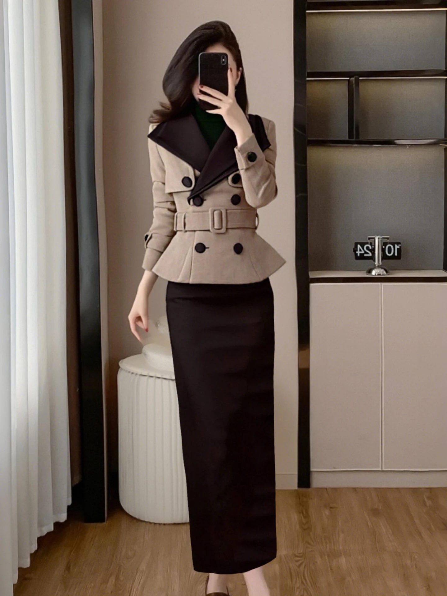 

Зимний новый женский костюм с поясом, длинная юбка с высокой талией, высококачественное полиэфирное волокно, для офиса, стильный и модный