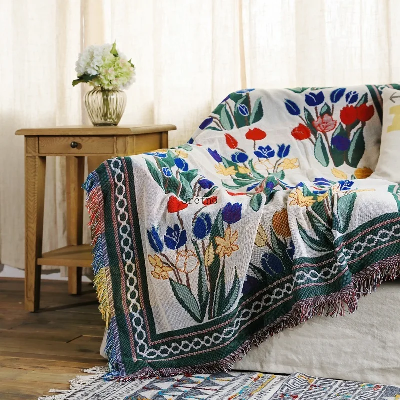 American Double-sided Floral Throw Blanket, Sofas Towel Jacquard Line Blankets Room Decoration Multifunctional Cover Blanket