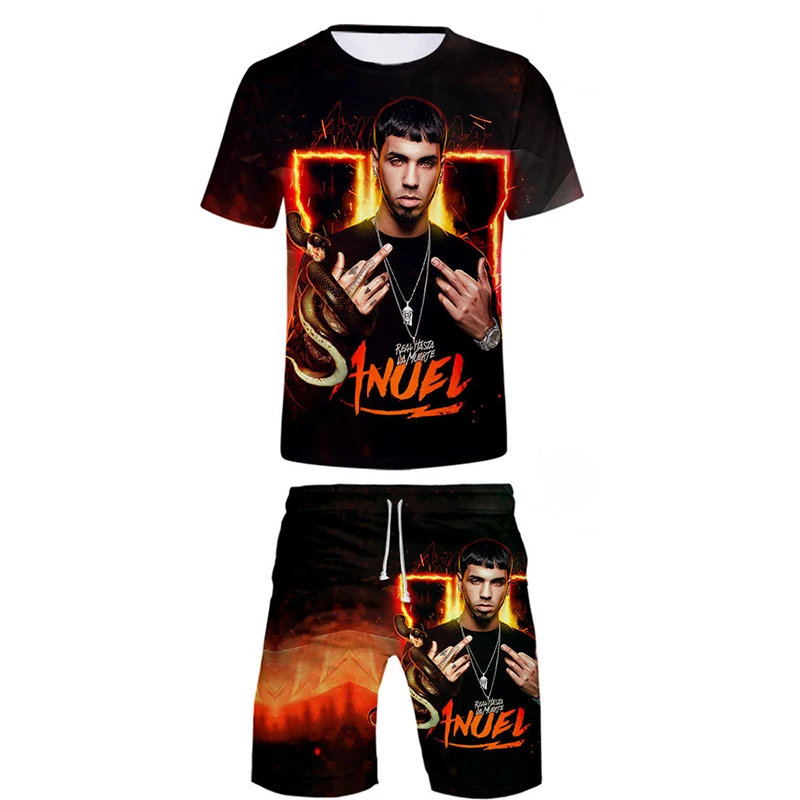 Summer Men\'s Tracksuit Rapper Anuel AA 3D Print T-shirt Shorts Sets 2 Pieces Streetwear Man Sportswear Suits Oversized Clothing