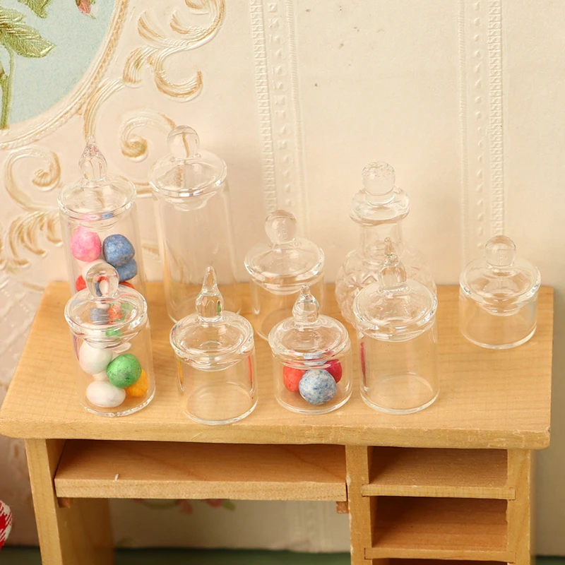 1Pc 1:12 Dollhouse Miniature Clear Glass Jar Candy Bean Storage Bottle Tiny Jar With Cover DollHouse Kitchen Decor Accessories