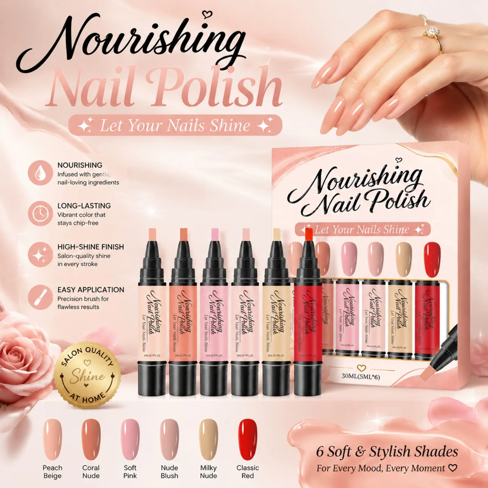 6 Colors Nail Polish Pen Set Quick Dry Nail Art Pens for Women DIY Manicure Stroke Coloring Long Lasting Shiny Nail Pen