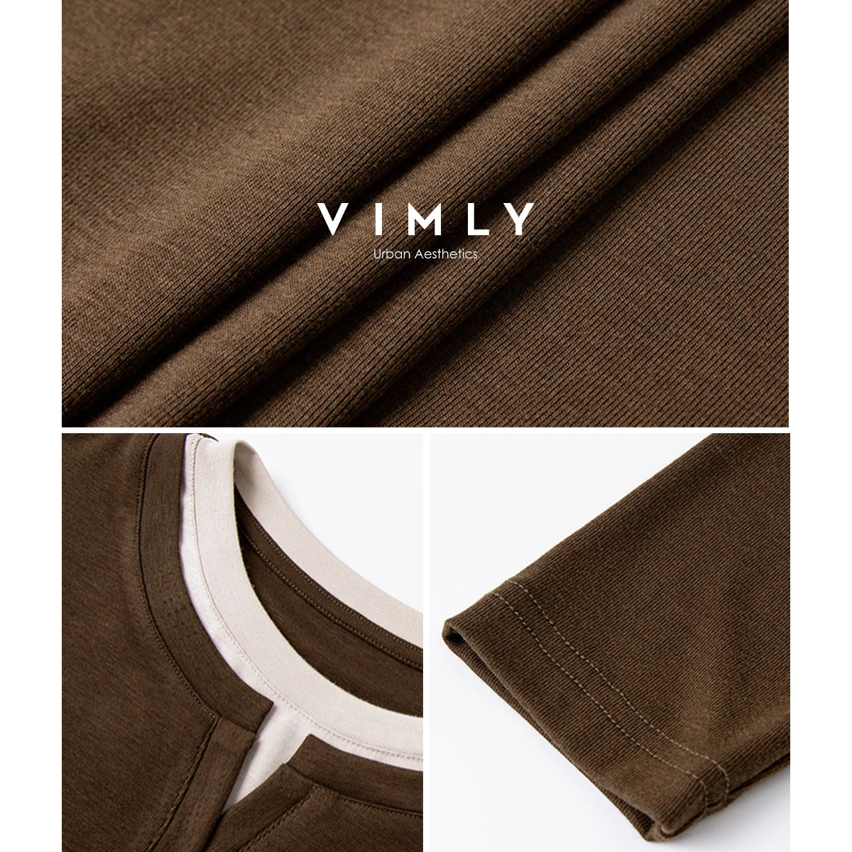 VIMLY Patchworkowe Koszulki 2 w 1 Jesień 2025 Codzienne Łączone Dopasowane Dzianinowe Bluzki z Długim Rękawem Okrągły Dekolt Elastyczne Damskie T-shirty A2173