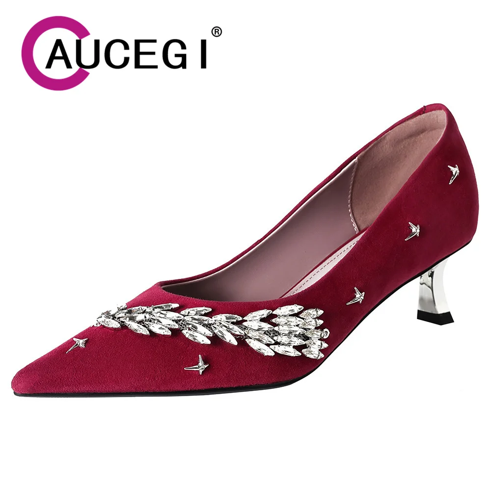 Aucegi Hot Sale Luxury Rhinestone Kid Suede Pointed Toe Women Pumps New Design Thin High Heeled Slip-On Wedding Party Shoes