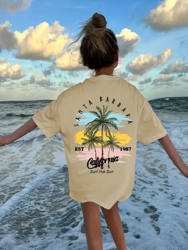 Girls Summer Casual Fashion Palm Tree & California Surf The Sun Printed T-Shirt Top Short Sleeves Round Neck Comfort Fit