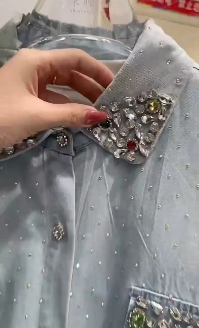 Luxury Sparkle Rhinestones Full Body Hot Drilling Diamonds Denim Blouses Shirts For Women\'s Autumn Causal Tops Camisas De Mujer