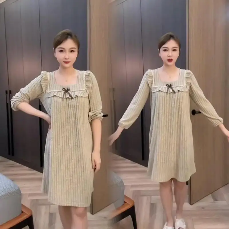 Hot 2025Spring Autumn New Loose Long Sleeved Mid Length Nightgown with Stylish High-End Feel Soft Comfort Home Wear Nightgown