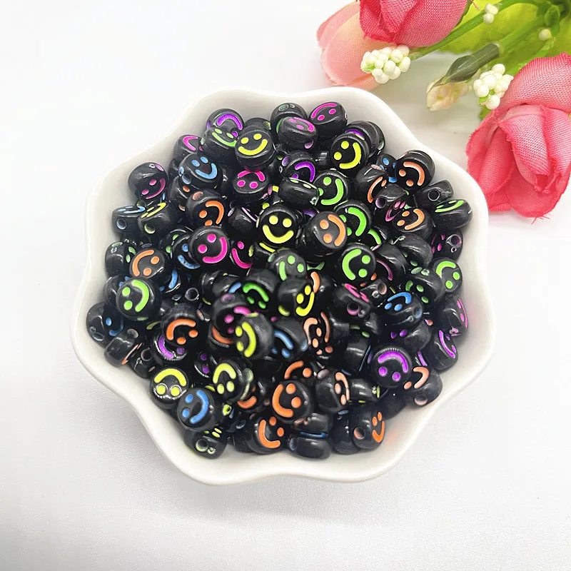 100pcs 7x4mm Colourful Smiling Face Letter Acrylic Loose Spacer Beads for Jewelry Making DIY Bracelet Accessories