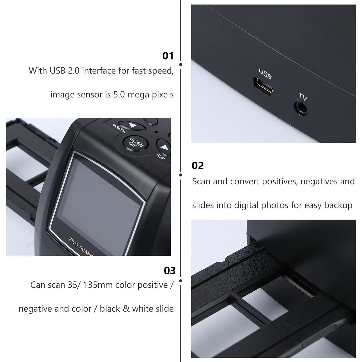 35 135 مللي متر ماسح ضوئي منزلق 5.0mp 3600 ديسيبل متوحد الخواص فيلم عالي الدقة محول رقمي لشرائح الإيجابية السلبية واجهة USB 2.0 #6