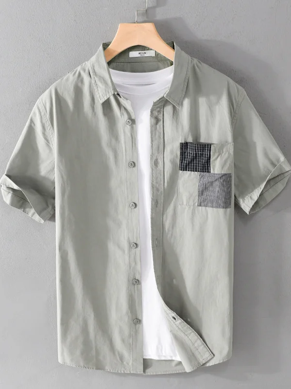 Color Block Short Sleeve Men's Shirt Cotton Blend Summer Thin Pure Cotton Japanese Style Retro Design Half Sleeve Shirt Casua...
