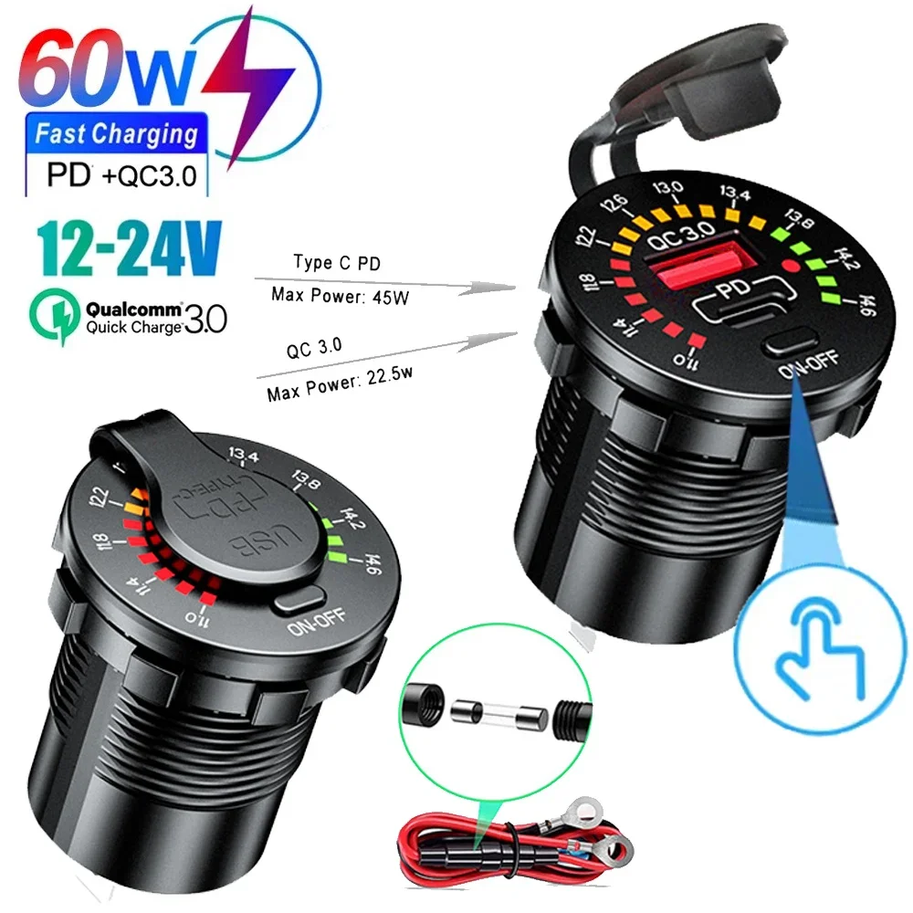 12V/24V QC 3.0 Ladegerät mit LED-Voltmeter EIN/AUS-Schalter Auto-Ladegerät Wasserdicht 45W Typ-C PD-Anschluss Schnellladegerät für Motorräder