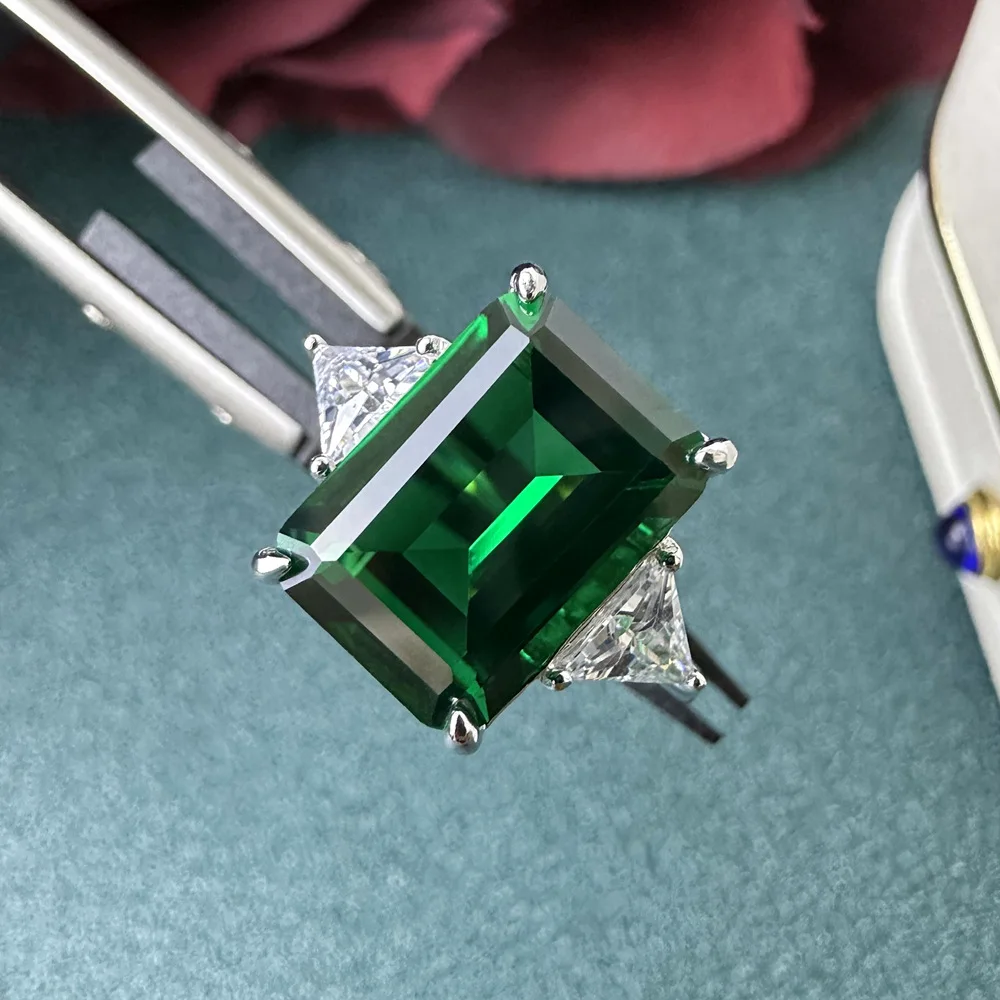 PANSYSEN Solid Silver 925 Jewelry 10x14MM Emerald Paraiba Tourmaline High Carbon Diamond Ring Luxury Fine Jewelry Gift Wholesale