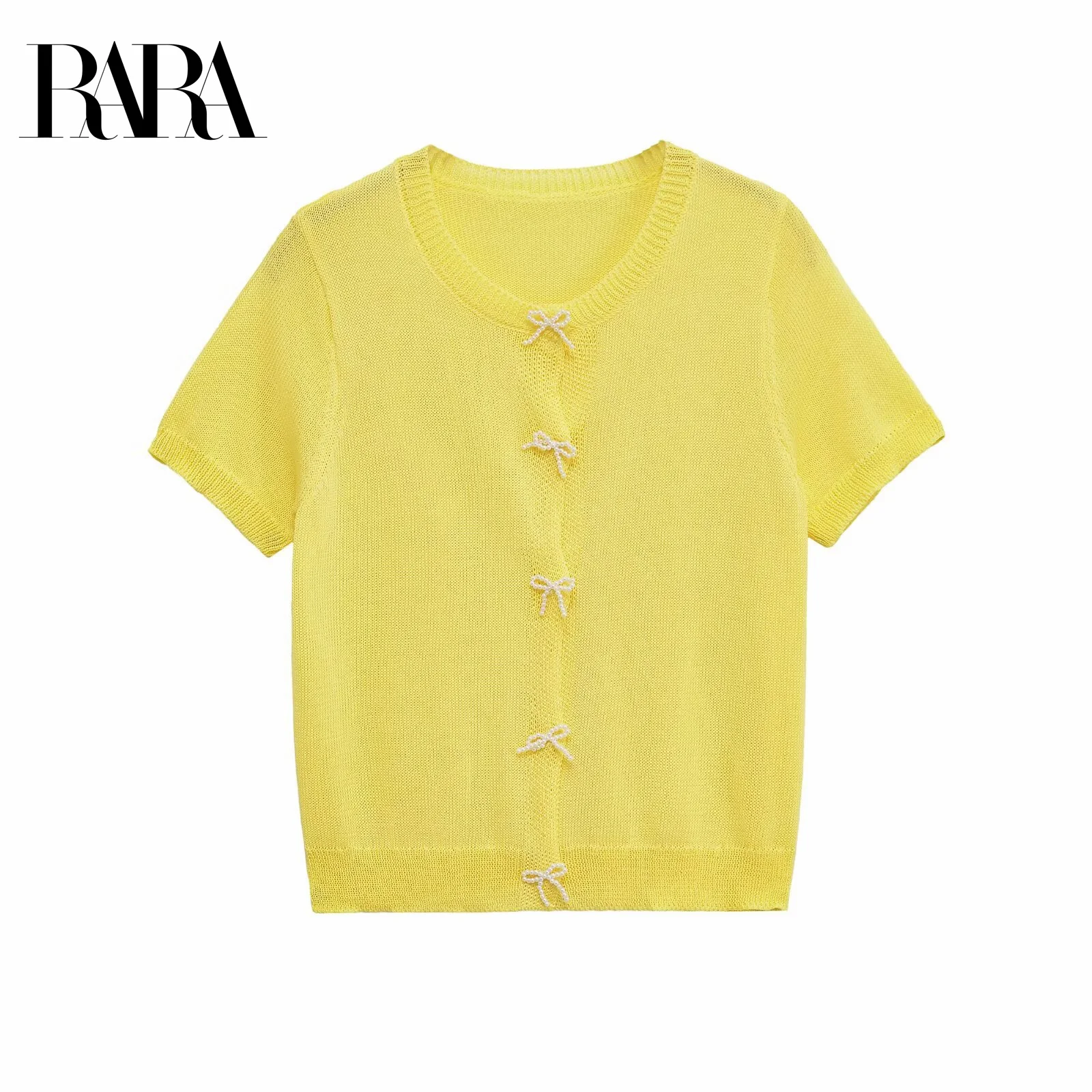 

RARA Womens Summer New Faux Pearl Bow Detail Crew Neck Short Sleeve Casual Elegant Knit Cardigan