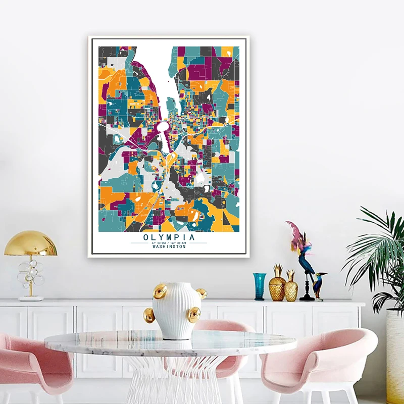 Olympia Washington  America UAS Colour World City Map Abstract Canvas Paintings Wall Art Print Poster Picture Home Decor