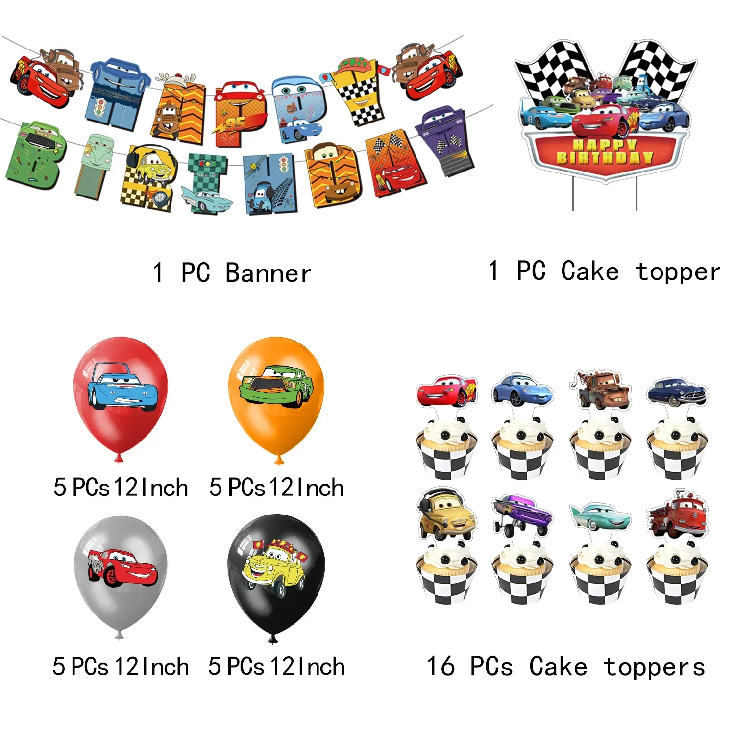 Conjunto de decoração de festa de aniversário, série de carros de desenho animado, bandeira, bolo, plantio de festa, combinação de bola, decoração de festa de aniversário