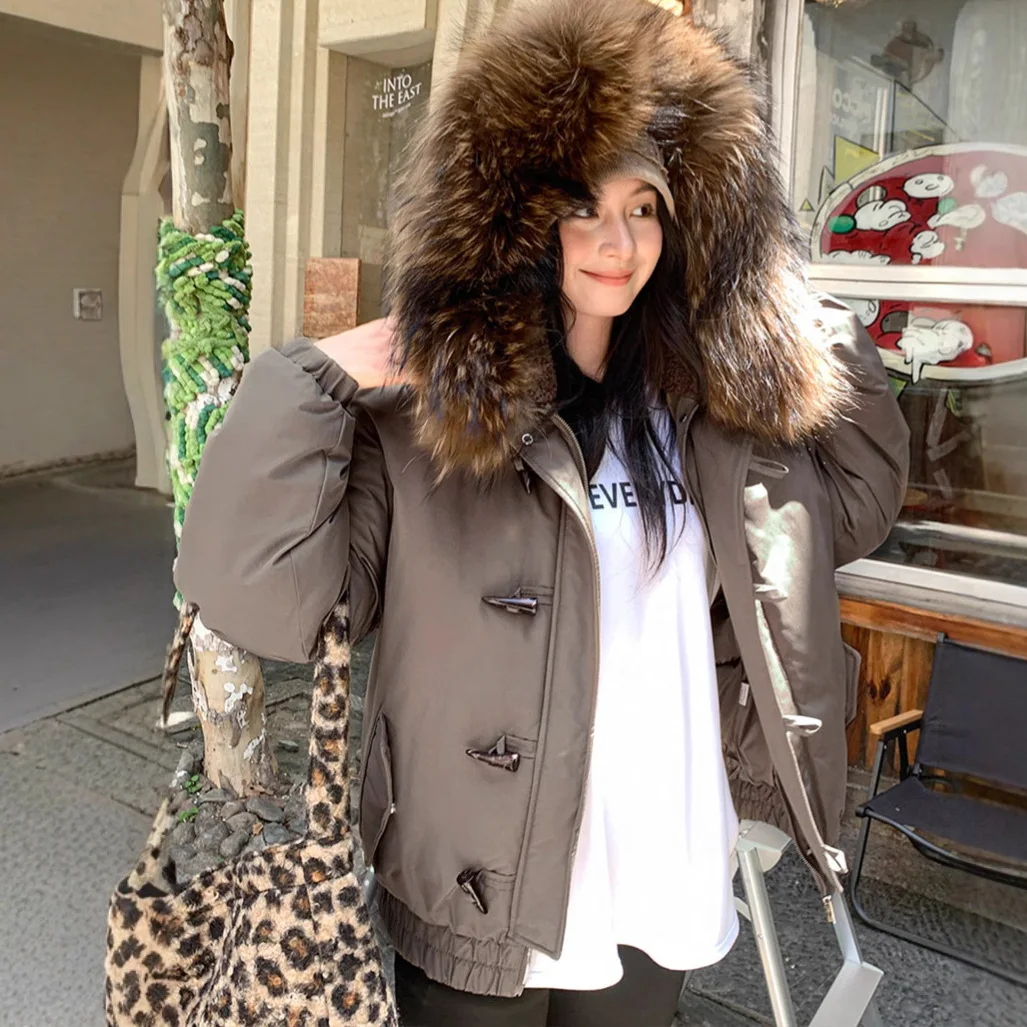 

PinkIsBlack Horn Buckle Big Fur Hooded Winter Cotton Padded Jacket Coat Women Parkas Thick Clothes Female Short Casual Outerwear