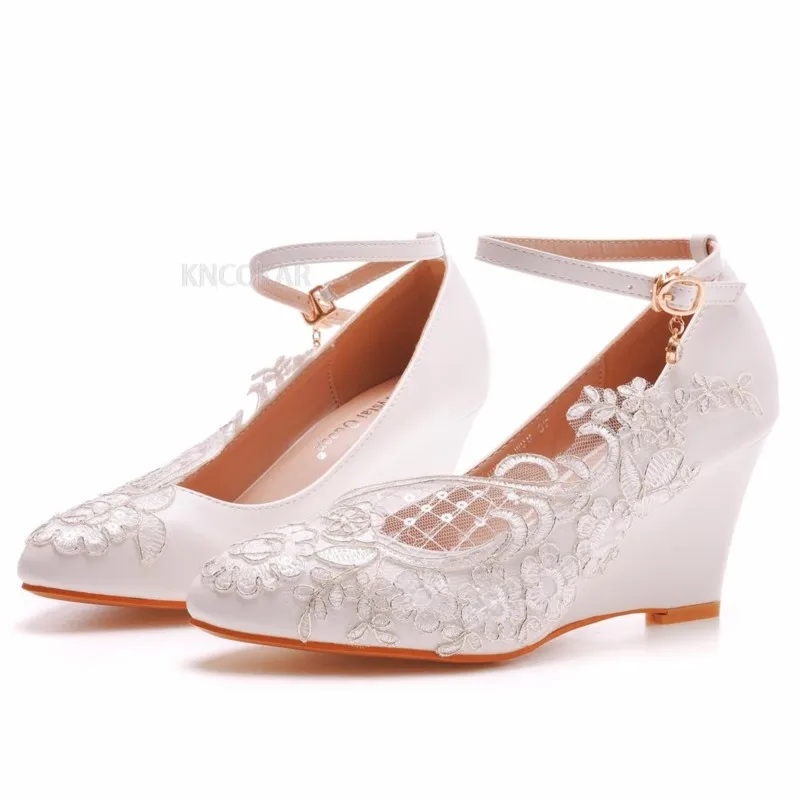 Pointy 5CM High Heels Ankle Strap Ladies Bride Party Dance Pumps Women White Lace Wedding Shoes Wedges