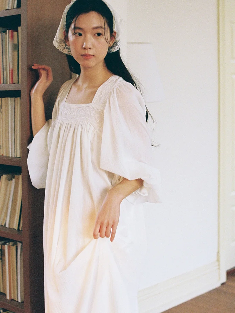 High Count Crepe Cotton Jacquard Classical Retro Nightgown Fairy Princess Sweet Square Neck Nightgown Long Style Spring Autumn