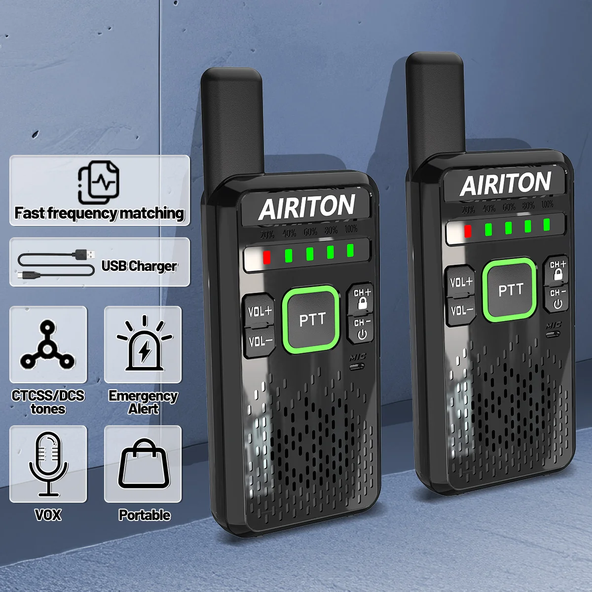 AIRITON AI-M9 Pocket Size Walkie Talkie Thin to 1.7CM UHF Long Range Battery Level Display VOX USB Charger Easy Carry Ham Radio