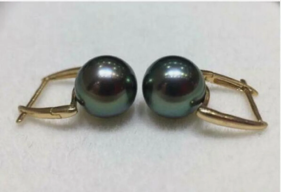 AAA+Natural Tahitian 9-10mm Black Green Round Pearl Earrings 925s