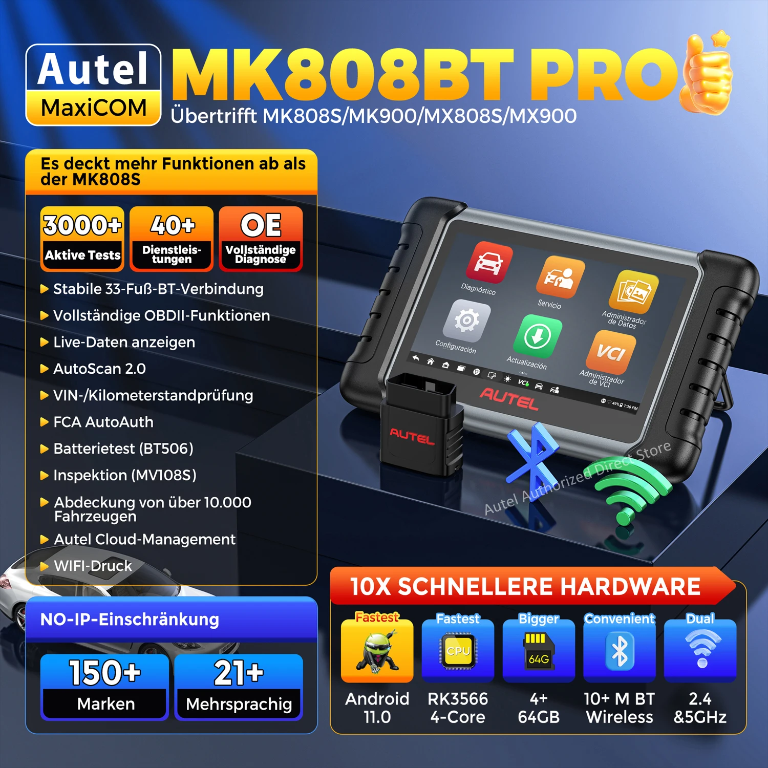 Autel MaxiCOM MK808BT PRO Kabelloses OBD2-Diagnosegerät, Kfz-Scanner, Diagnose aller Systeme, 3000+ Tests, PK MK900BT MK808S – Detail 4