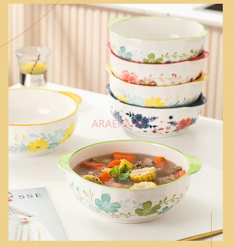 Small and Fresh Ceramic Double Ear Soup Bowl, Large Household Anti scalding Noodle Bowl, Boiled Pork Slices, Mao Xue Wang