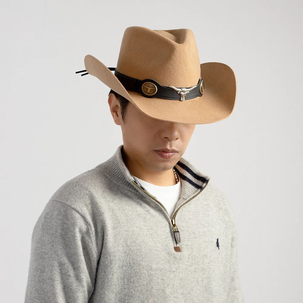 

European and American Winter New Style 100% Wool Cowboy Hat, Fashionable Metal Bull Head Cowboy Style Hat, Versatile Hard-Brimmed Warm Hat
