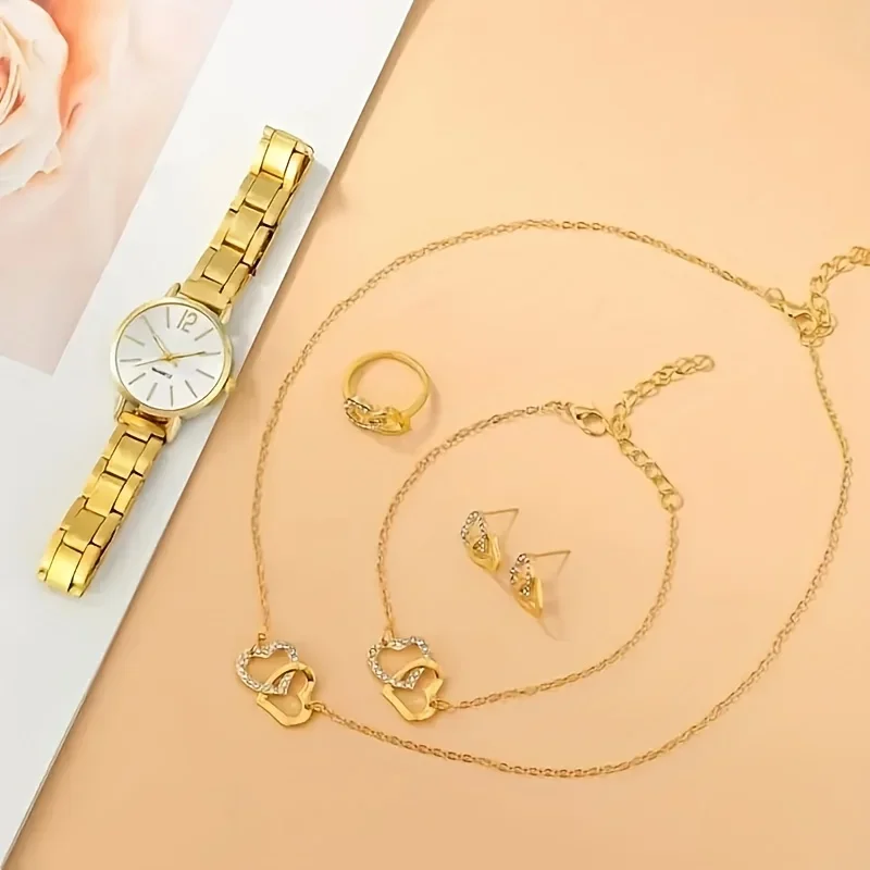 6ชิ้น/ชุดนาฬิกาผู้หญิงนาฬิกาควอตซ์สีทองหรูหราและชุดเครื่องประดับพลอยเทียมหัวใจของขวัญวาเลนไทน์สำหรับผู้หญิง