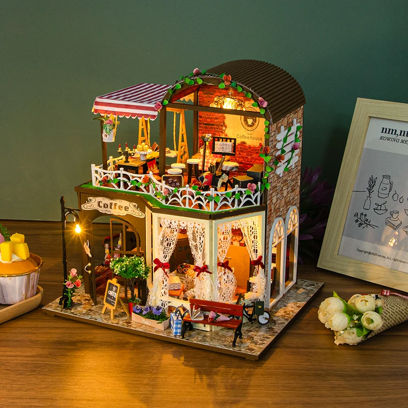 Kit di costruzione in miniatura in legno fai-da-te Case delle bambole Cottage del tempo di Raya con mobili Luce Casa Case delle bambole Amici Regali di compleanno