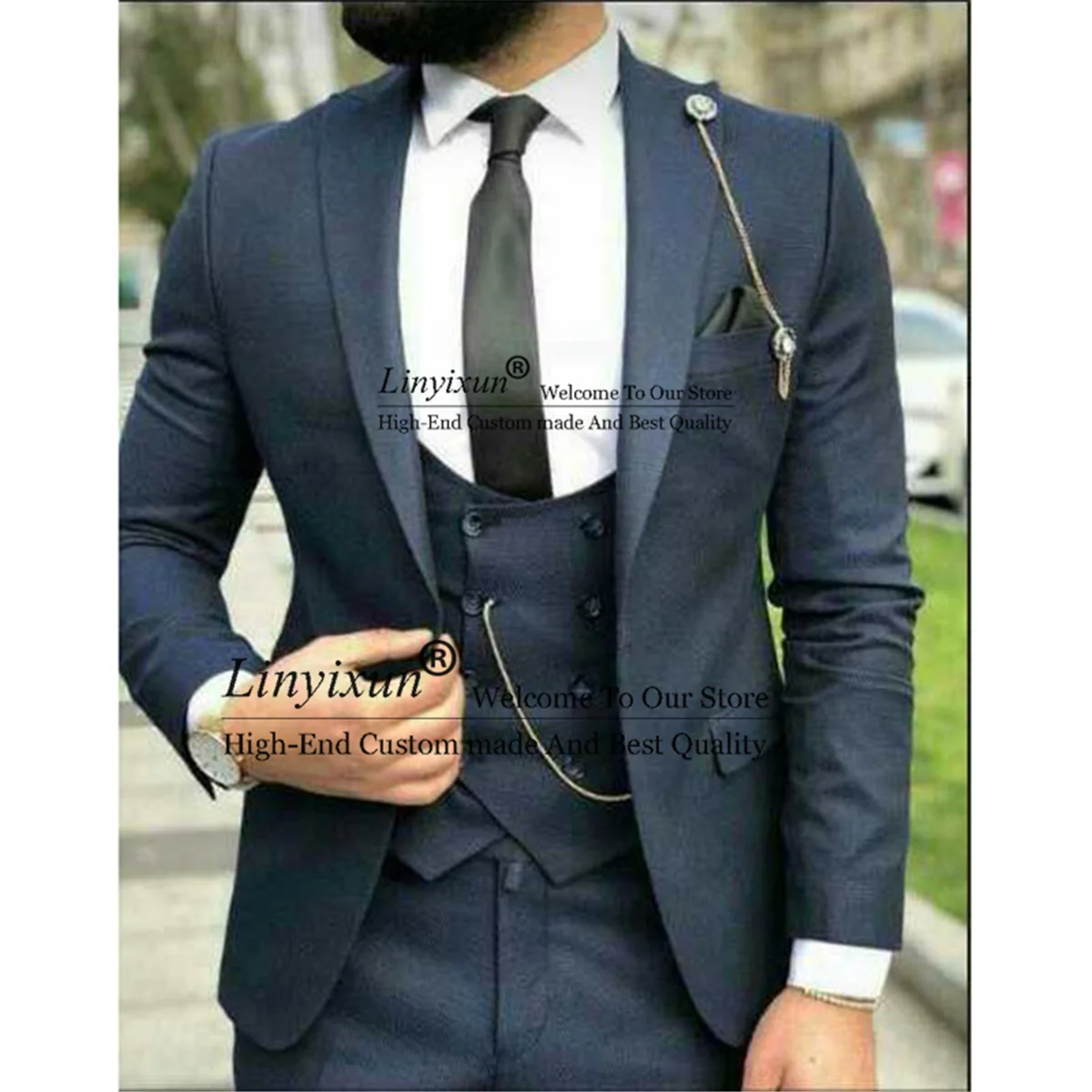

Navy Blue Men Slim Fit Suits Peaked Lapel Groom Wedding Blazer Business Terno Masculino 3 Pieces Jacket Pants Vest Costume Homme