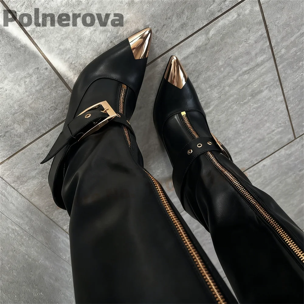 Women's Metallic Toe Knee High Stilleto Boots Buckles Strap Zipper Leather Boots High Heels Fashion Punk Style Handmade Shoes