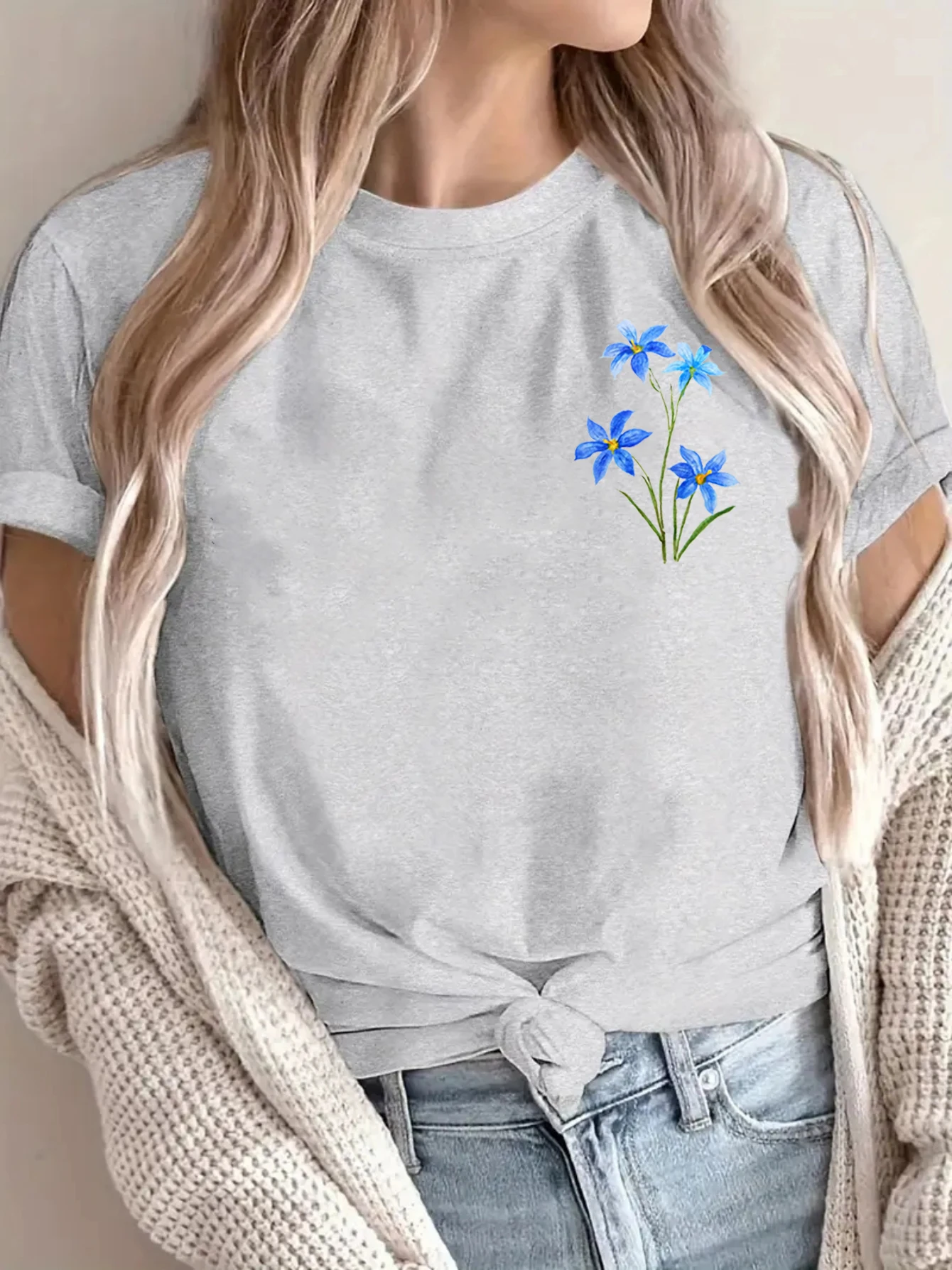 Hand Drawn Blue Eyes Grass Flower Watercolor Classic T-Shirt, Flower Shirt,Blue Flower T-Shirt For Women, Plant Shirt Summer Tee