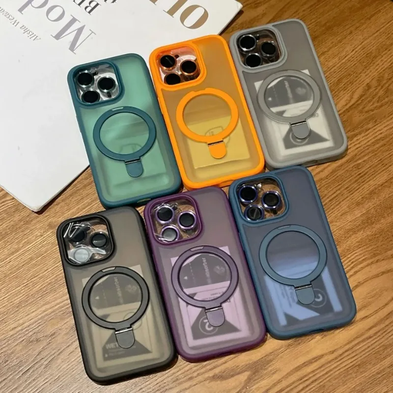 Matte Luxury Ring Holder Glass Lens Case For iPhone 15 14 13 12 11 Pro Max Plus For Magsafe Wireless Magnetic  Hard Bumper Cover