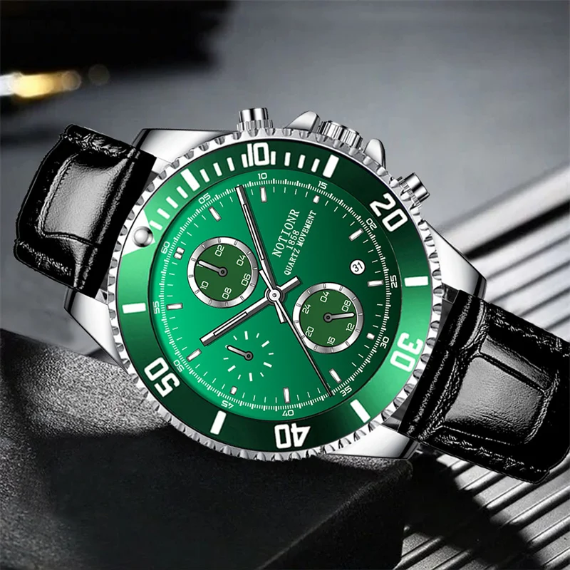 NOTIONR Luxury Fashion Mens Green Watches for Men Waterproof Quartz Wrist Watch Man Business Leather Watch relogio masculino