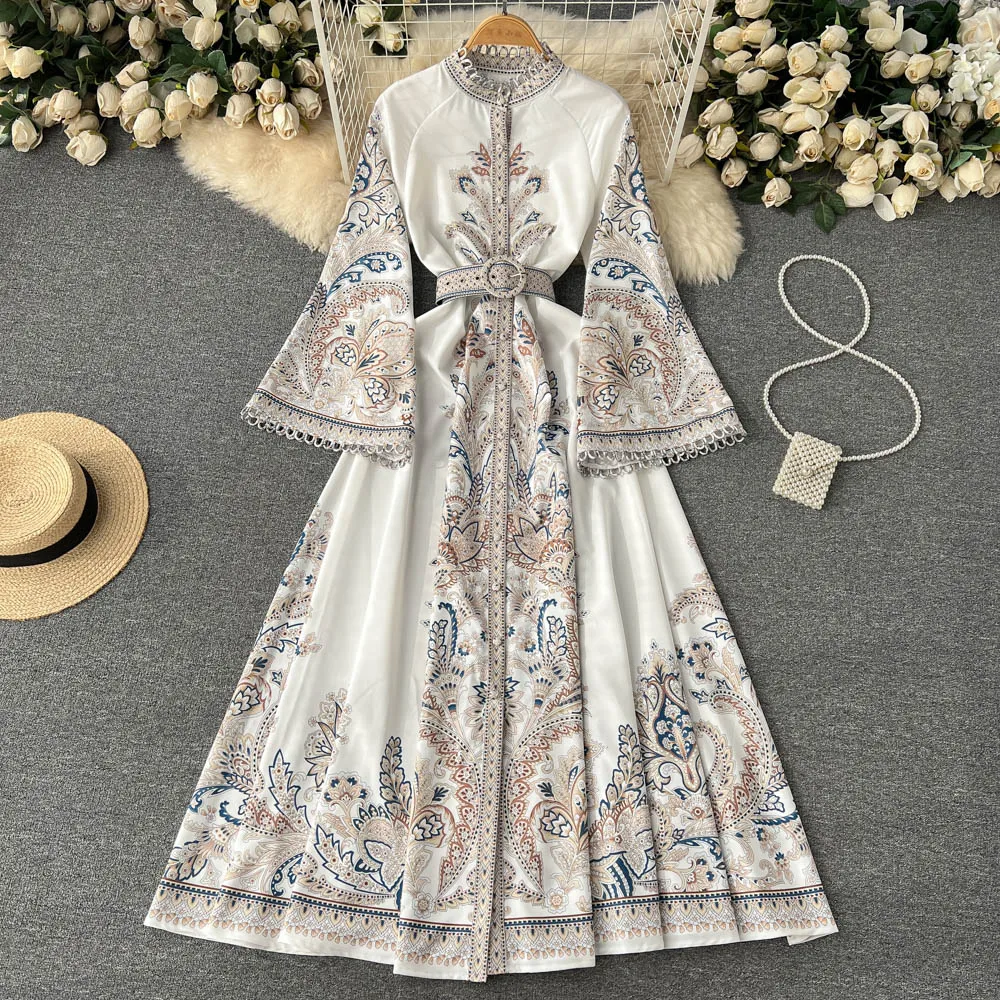 

Vintage Elegant print asymmetrical Single Breasted Flare Sleeve loose o neck Dress Women Fashion summer Spring dresses