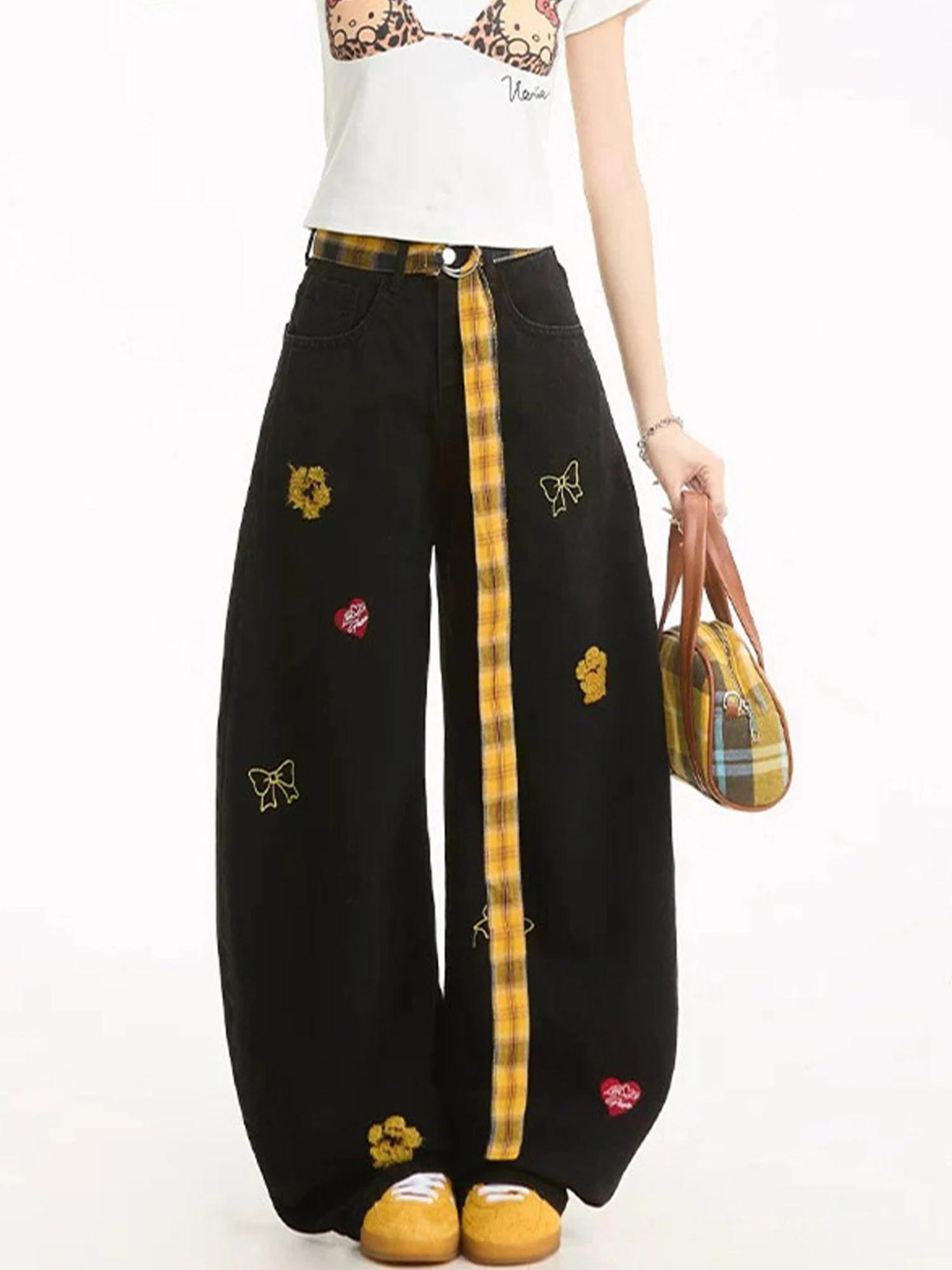 Women Black Gothic Y2k Bow Embroidery Jeans Vintage Harajuku Baggy Jean Pants with Belt Japanese 2000s Style Emo Denim Trousers
