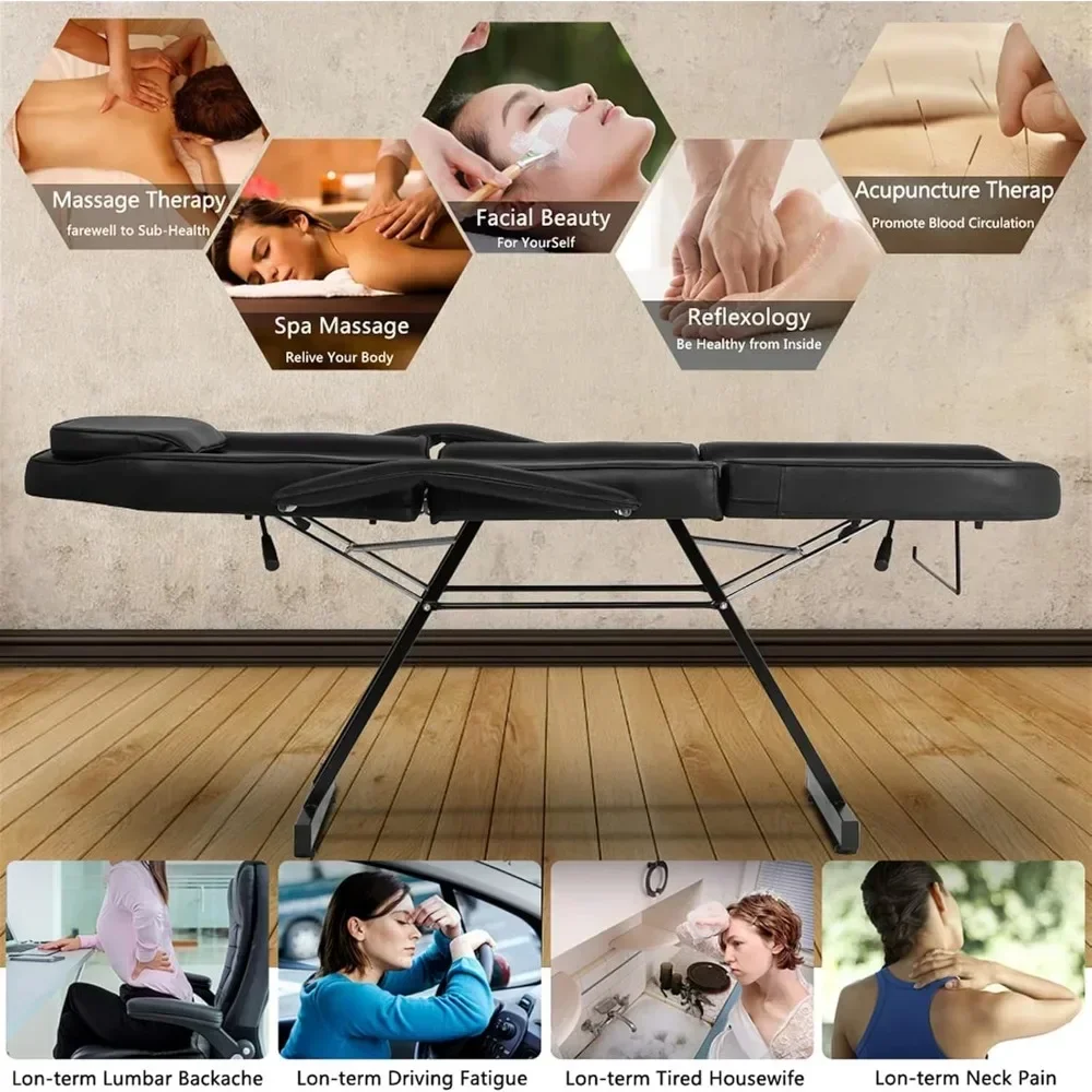 Multipurpose 3-Section Spa Massage Table with Hydraulic Stool, 73-inch Adjustable Tattoo Chair with Removable Headrest